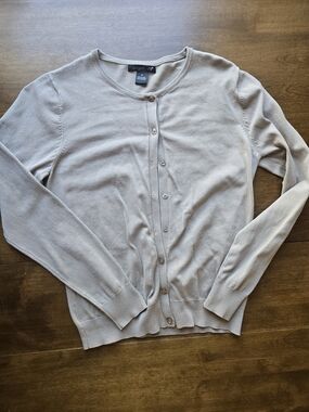 August Silk Beige Cardigan Medium Button Front Lightweight Minimal Classic